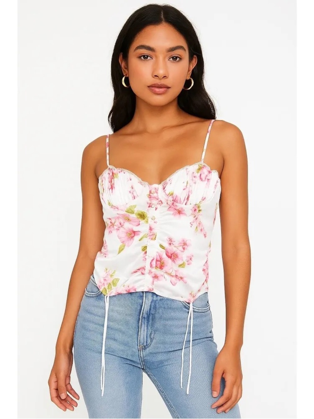 For Love And Lemons White Satin Floral Cami with Pink Blossoms